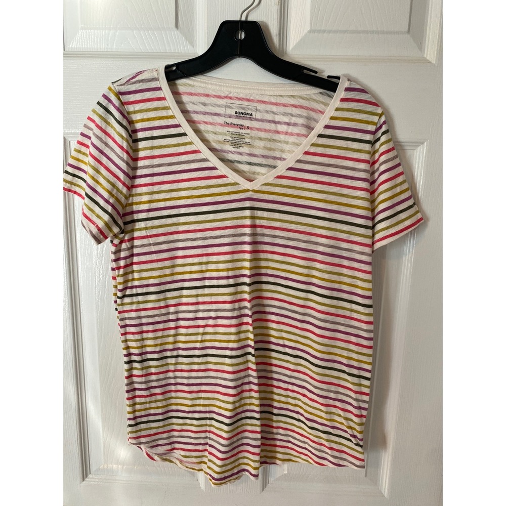Sonoma Goods For Life EverydayTee Womens Small V-Neck Striped Short Sleeve Shirt